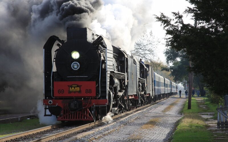 Steam Train on Tracks — Black, Dramatic, Morning