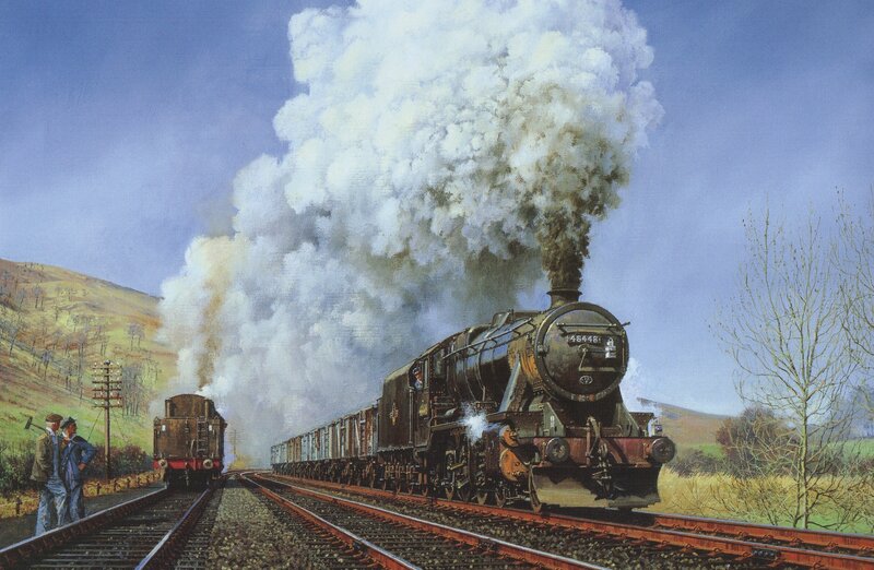 Steam Train on Tracks — Blue, Dramatic, Afternoon, Painting, Smoke