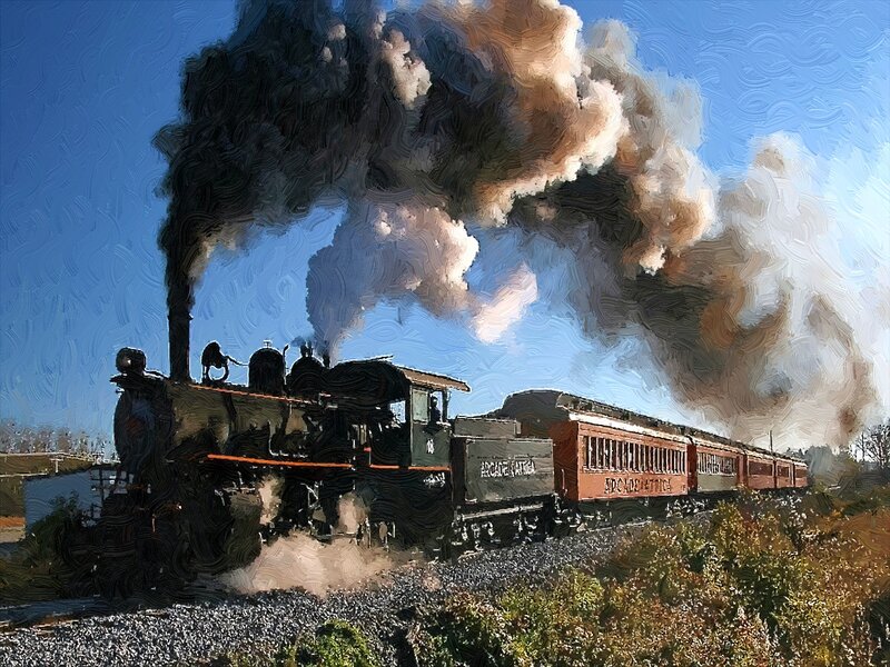 Steam Train on Tracks — Blue, Dramatic, Afternoon, Painting, Smoke, Train Car