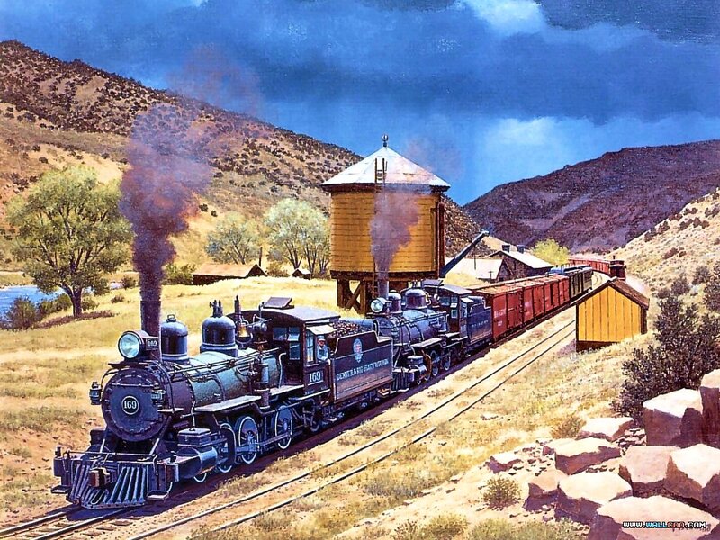 Steam Train on Tracks — Blue, Dramatic, Afternoon, Painting