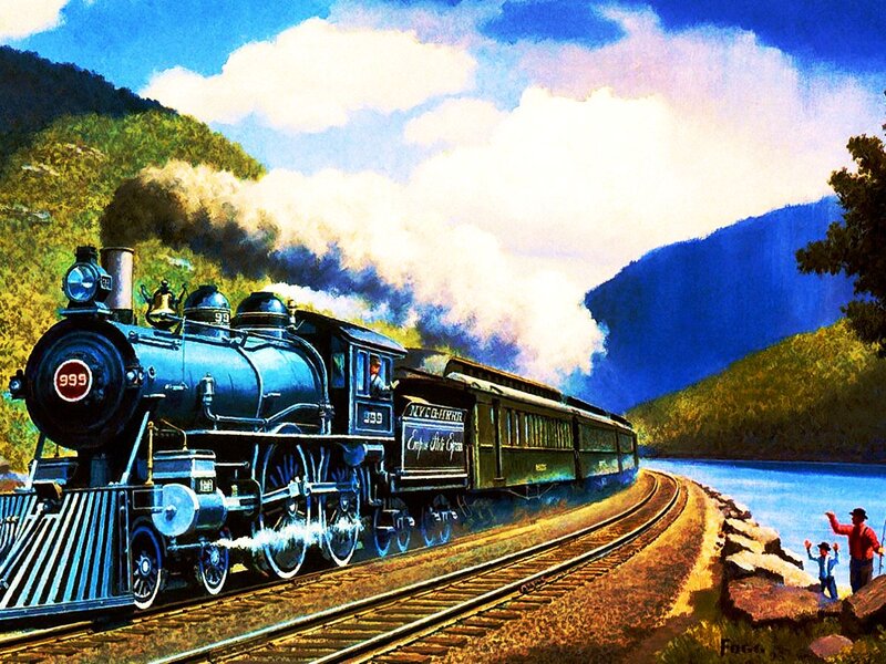 Steam Train on Tracks — Blue, Dramatic, Afternoon