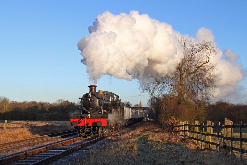Steam Train on Tracks — Blue, Dramatic, Morning, Photograph