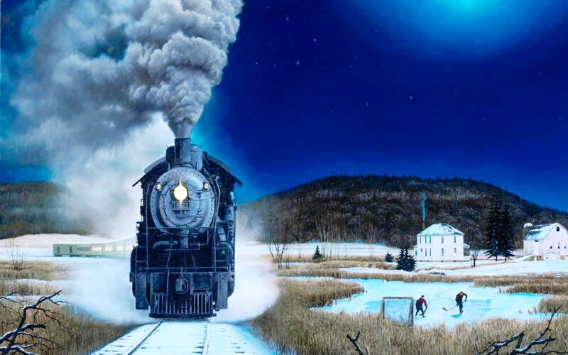 Steam Train on Tracks — Blue, Dramatic, Night