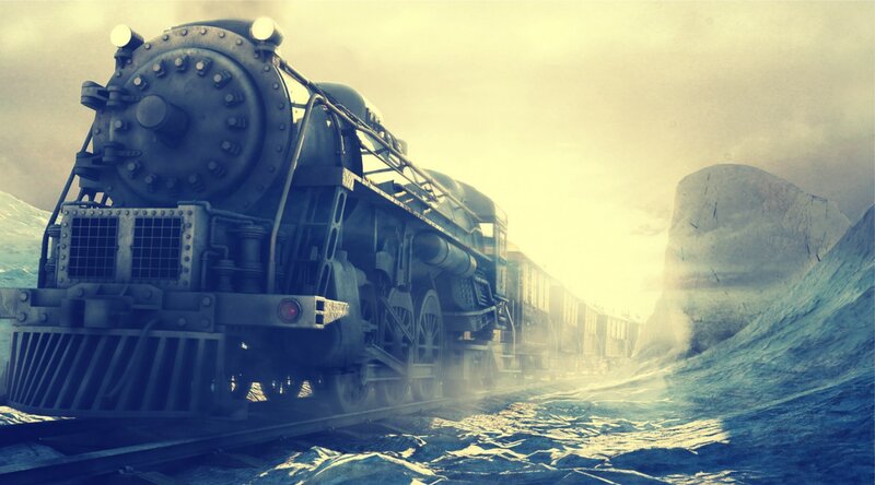 Steam Train on Tracks — Blue, Dramatic, Sunset, Digital Art, Mountain
