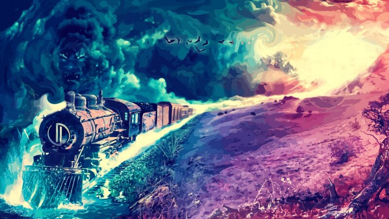 Steam Train on Tracks — Blue, Dramatic, Sunset, Digital Art