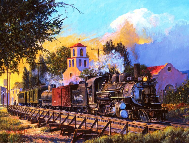Steam Train on Tracks — Blue, Dramatic, Sunset