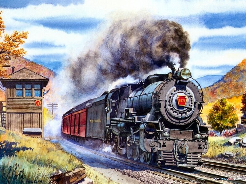 Steam Train on Tracks — Blue, Dramatic