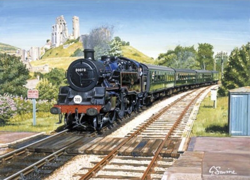 Steam Train on Tracks — Blue, Serene, Afternoon