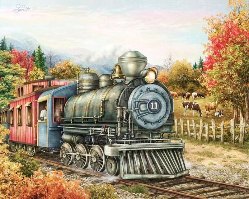 Steam Train on Tracks — Blue, Serene, Autumn