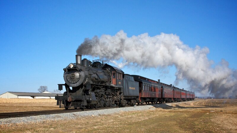 Steam Train on Tracks — Blue, Serene