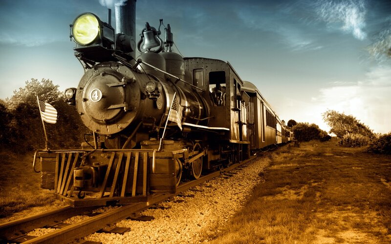 Steam Train on Tracks — Brown, Dramatic, Sunset, Photograph, Flag, Bell