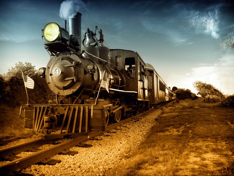 Steam Train on Tracks — Brown, Dramatic, Sunset, Photograph