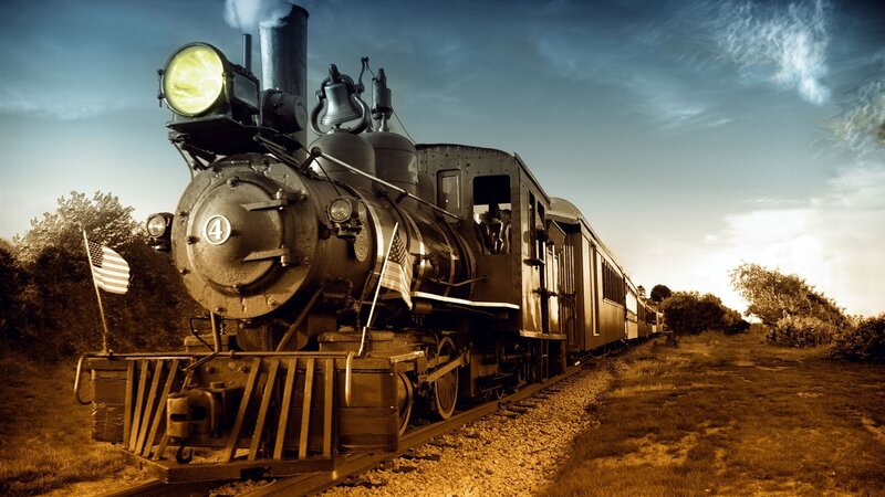 Steam Train on Tracks — Brown, Dramatic