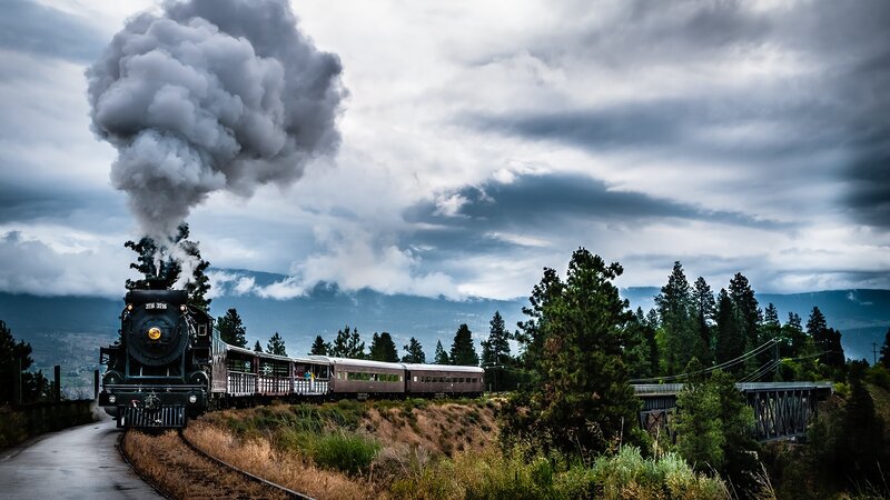 Steam Train on Tracks — Gray, Dramatic, Photograph, Smoke, Trees