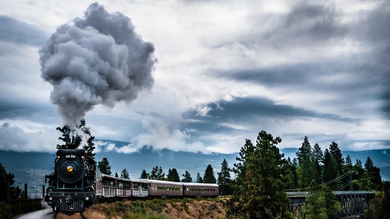 Steam Train on Tracks — Gray, Dramatic