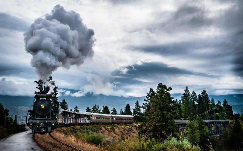 Steam Train on Tracks — Gray