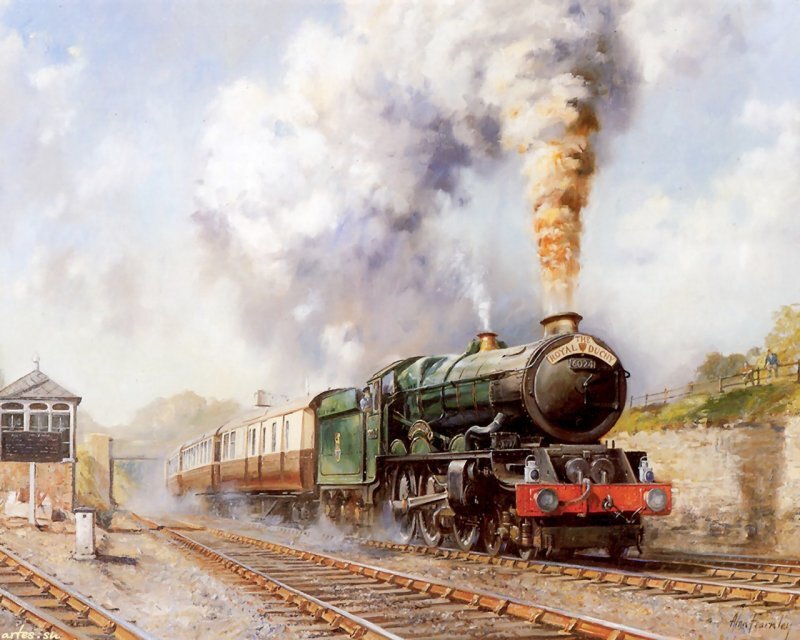 Steam Train on Tracks — Green, Dramatic, Afternoon, Painting, Smoke, Railway Station