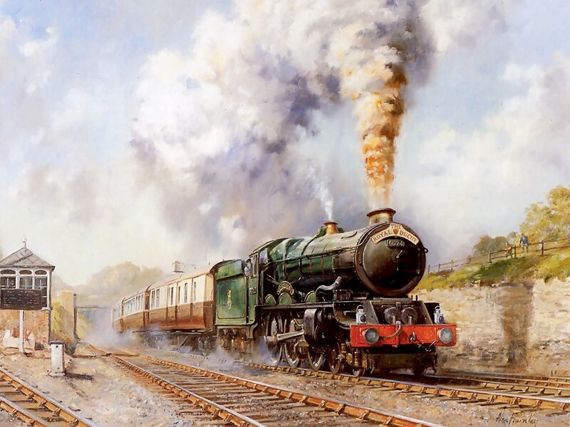 Steam Train on Tracks — Green, Dramatic, Afternoon, Painting, Smoke