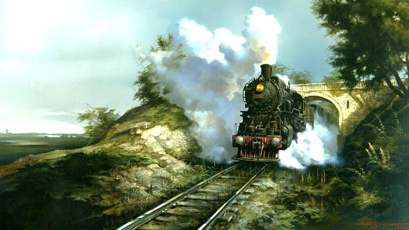 Steam Train on Tracks — Green, Dramatic, Afternoon, Painting