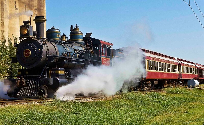Steam Train on Tracks — Green, Dramatic, Afternoon, Photograph, Train Car
