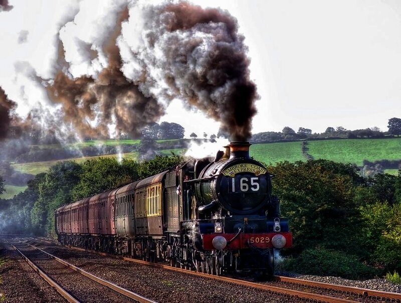 Steam Train on Tracks — Green, Dramatic, Afternoon