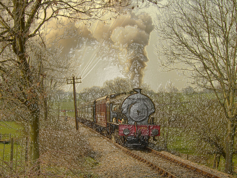 Steam Train on Tracks — Green, Dramatic, Autumn, Digital Art