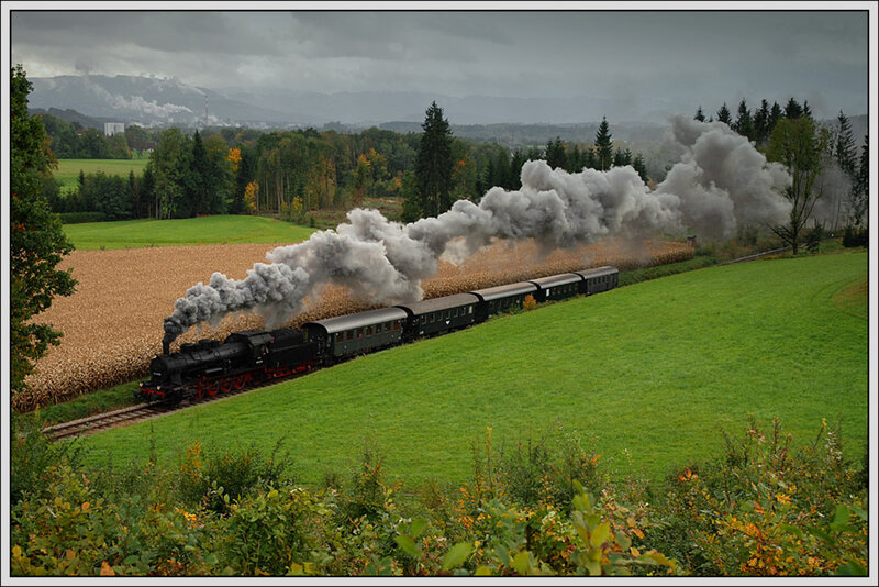 Steam Train on Tracks — Green, Dramatic, Autumn, Photograph