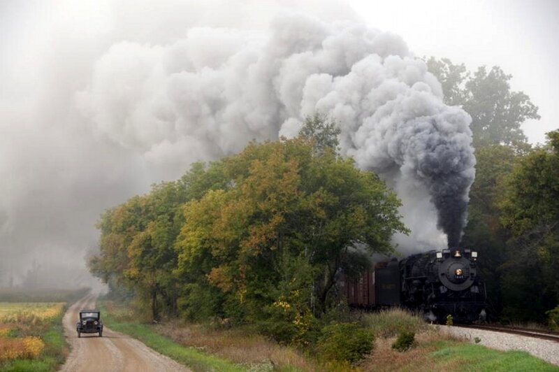 Steam Train on Tracks — Green, Dramatic, Autumn