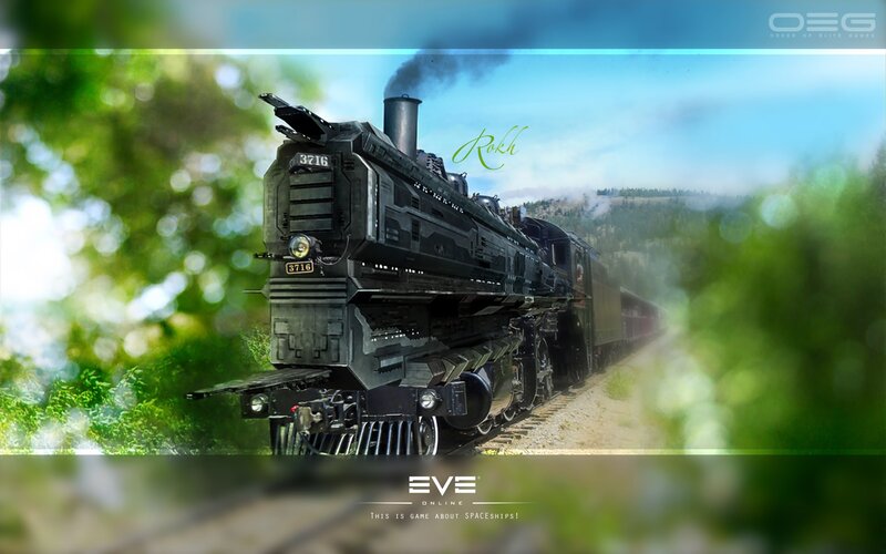 Steam Train on Tracks — Green, Serene, Afternoon, Digital Art