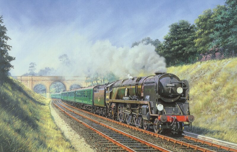 Steam Train on Tracks — Green, Serene, Afternoon, Illustration