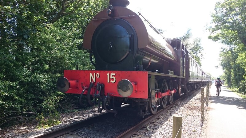 Steam Train on Tracks — Green, Serene, Afternoon, Photograph, Bicycle