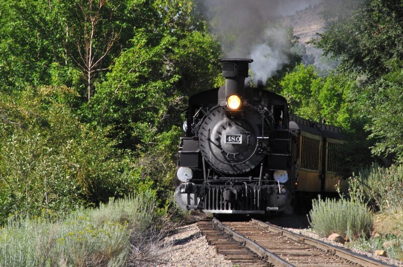Steam Train on Tracks — Green, Serene, Afternoon, Photograph, Trees, Smoke