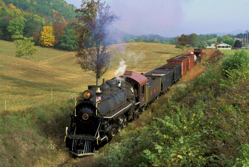 Steam Train on Tracks — Green, Serene, Autumn, Photograph, Hills, Trees