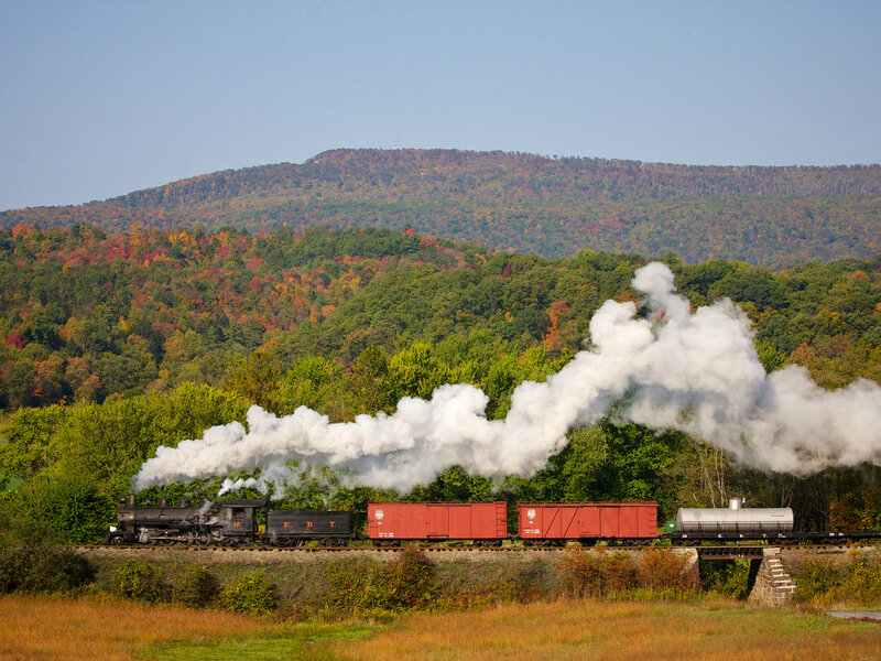 Steam Train on Tracks — Green, Serene, Autumn