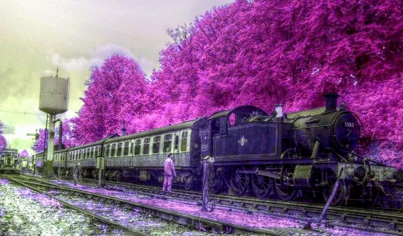 Steam Train on Tracks — Purple, Dramatic