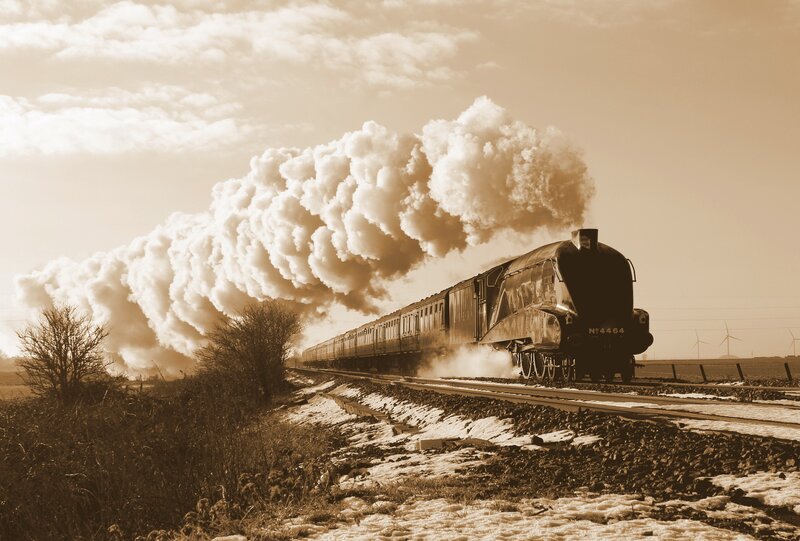 Steam Train on Tracks — Sepia