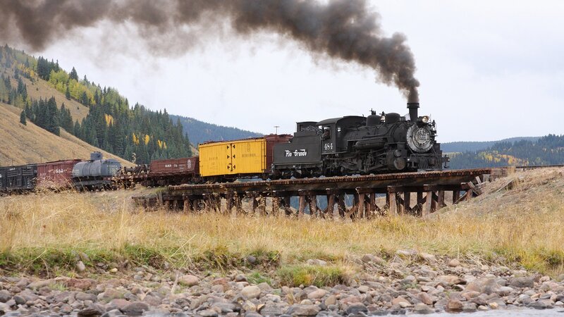 Steam Train on Trestle — Black, Dramatic