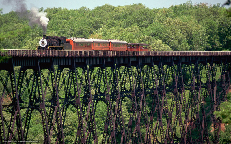 Steam train on trestle bridge