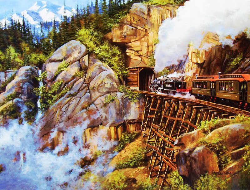 Steam Train on Trestle — Green, Dramatic