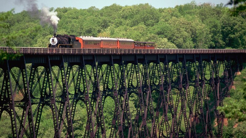 Steam Train on Trestle — Green, Serene
