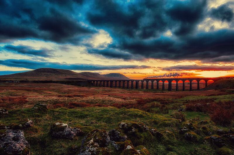 Steam Train on Viaduct — Blue