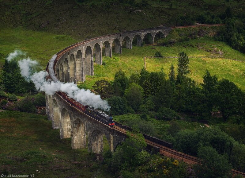 Steam Train on Viaduct — Green, Dramatic, Afternoon, Photograph, Smoke