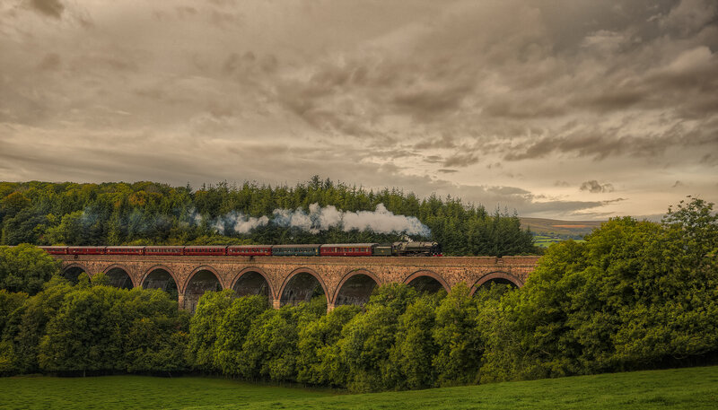 Steam Train on Viaduct — Green, Dramatic, Afternoon