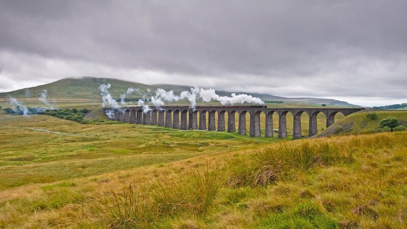 Steam Train on Viaduct — Green, Dramatic, Photograph
