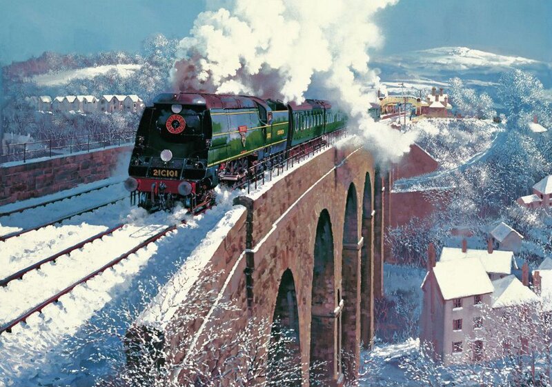 Steam Train on Viaduct — Green, Dramatic