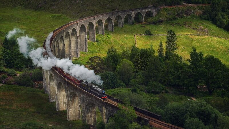 Steam Train on Viaduct — Green, Serene, Afternoon