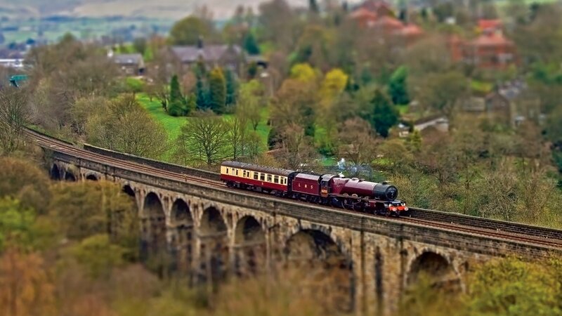Steam Train on Viaduct — Maroon, Serene, Spring