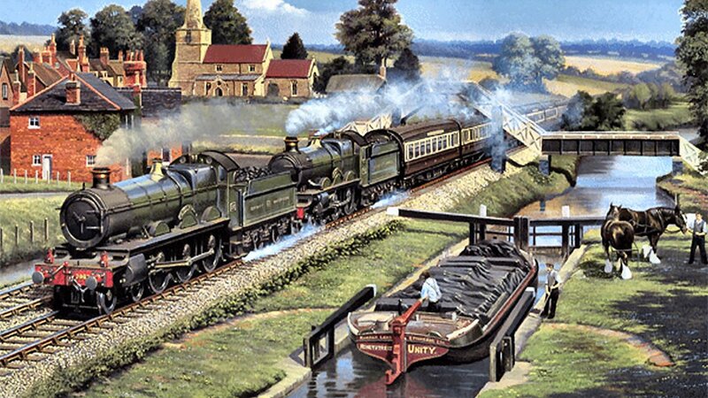 Steam Train Passing Village