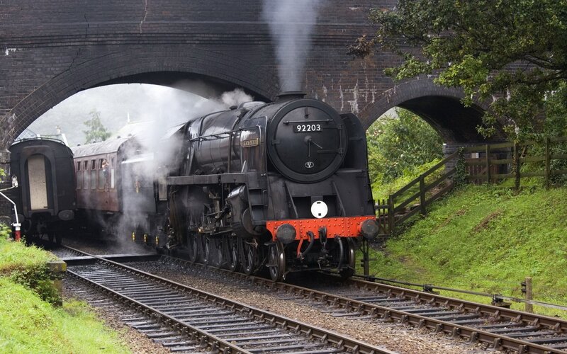 Steam train under a bridge