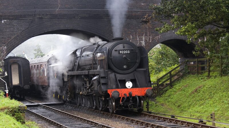 Steam train under a bridge
